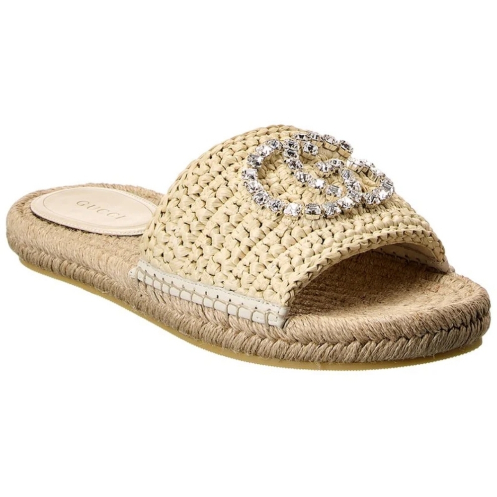 $930 Gucci Cora GG Crystals  ESPADRILLE Raffia Sandals EU 35.5 US 5.5 BNIB